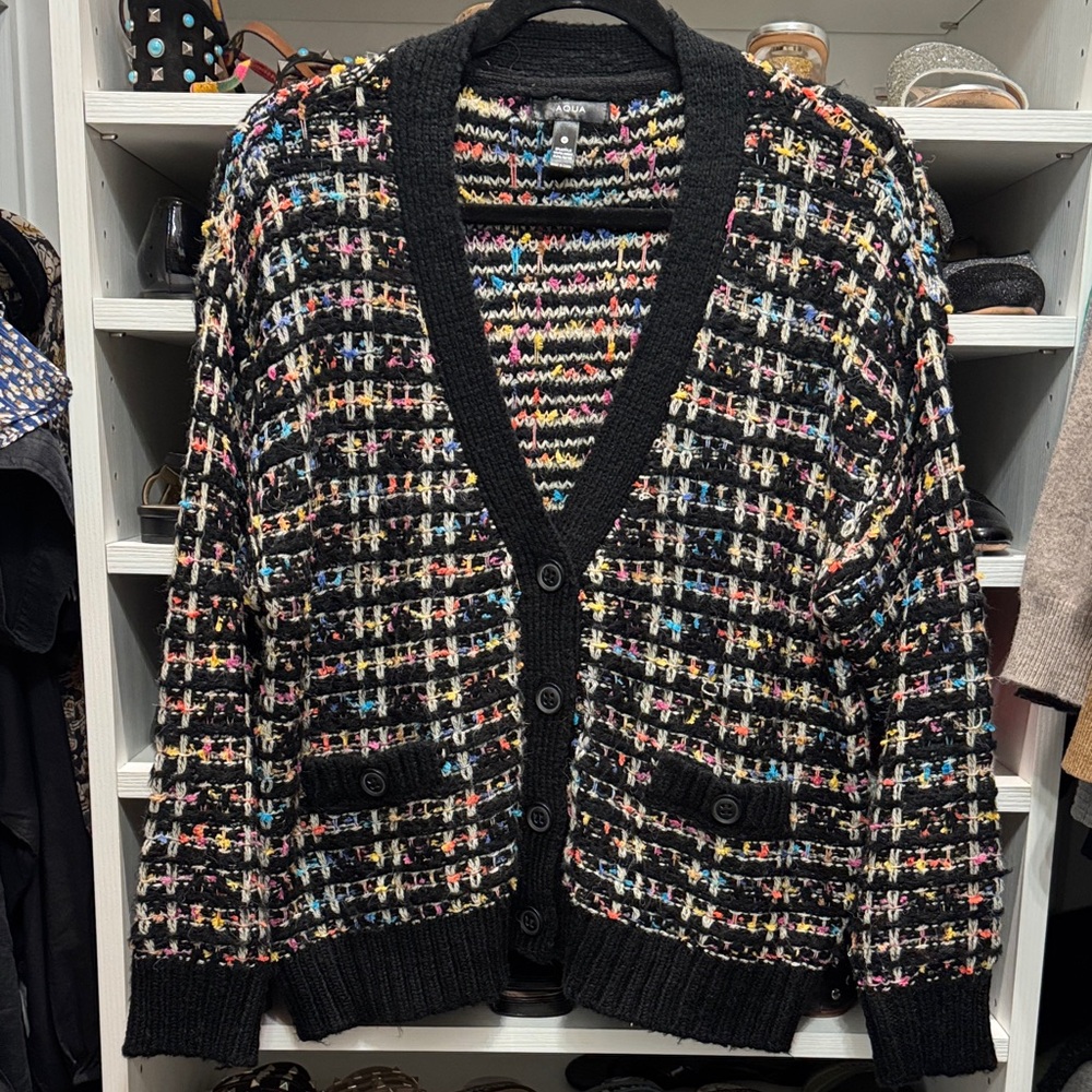 Black Multicolor Knit Cardigan Sweater